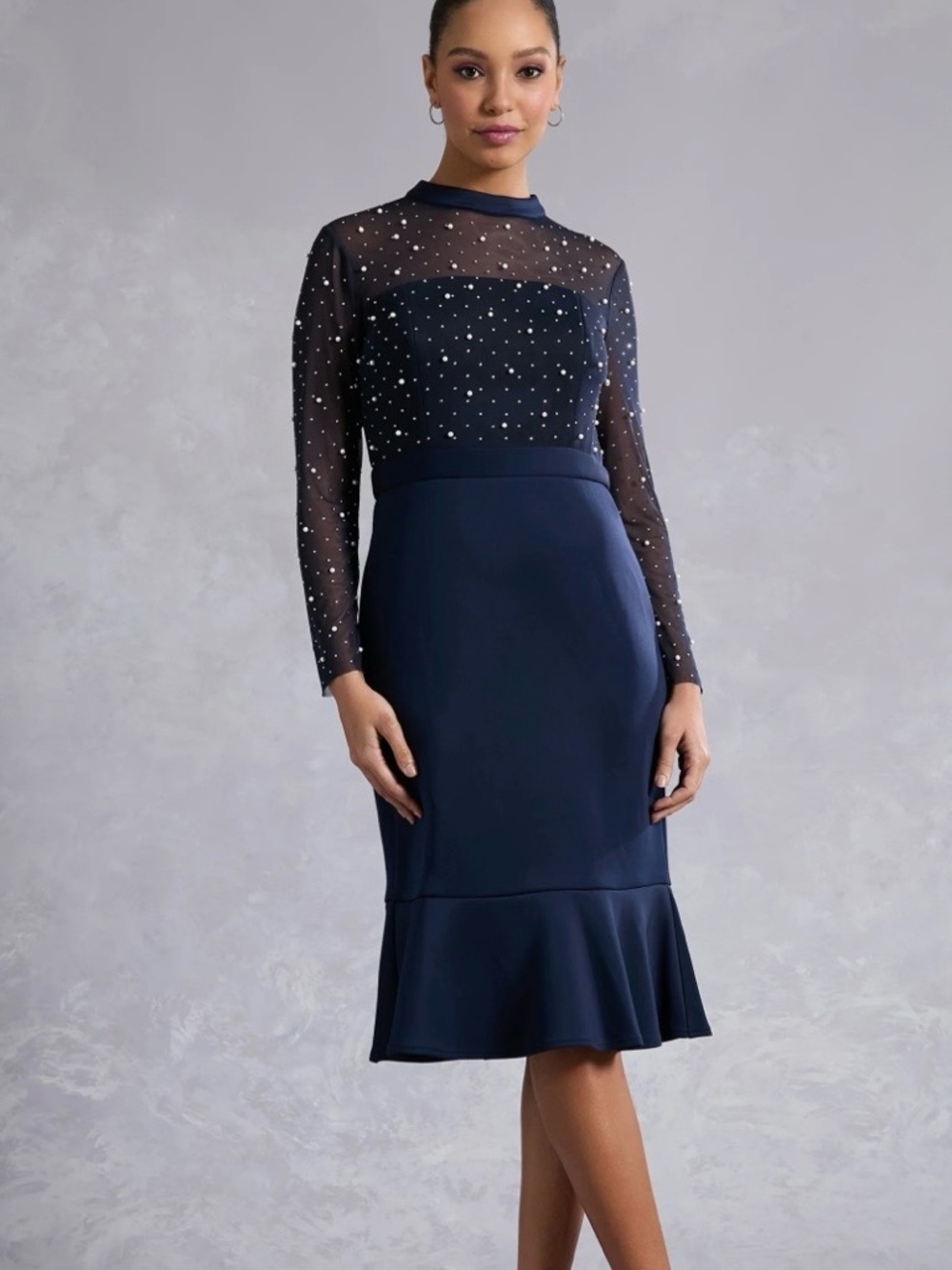London Times Navy Pearl-Studded Mesh Midi Dress
